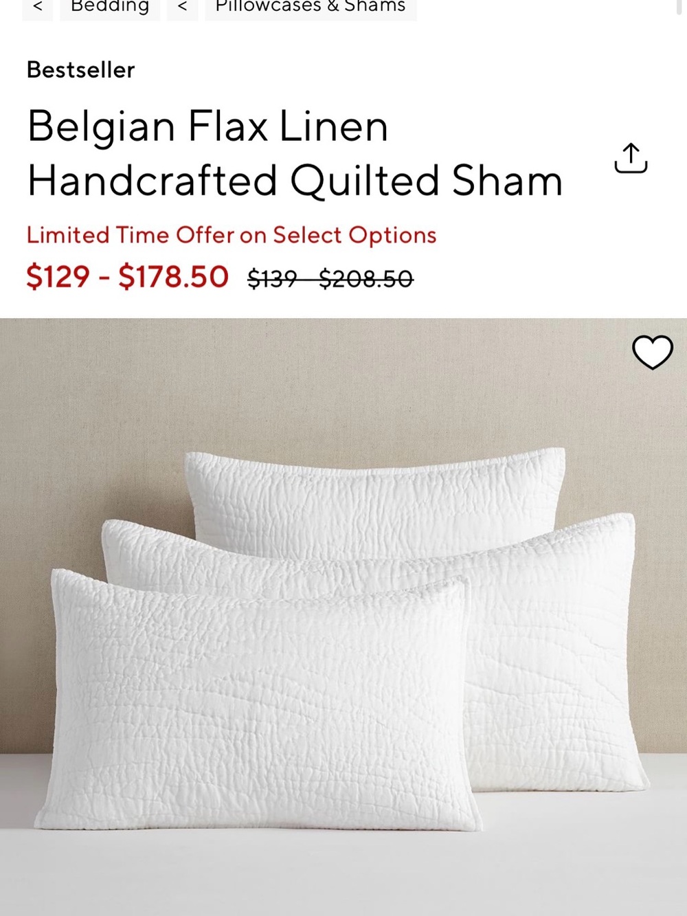 Pottery Barn Belgian Flax Linen Handcrafted Quilted Sham - White
